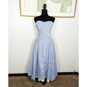 VINTAGE 80s/90s Katie Blue Floral Corset Midi Dress Women's 10